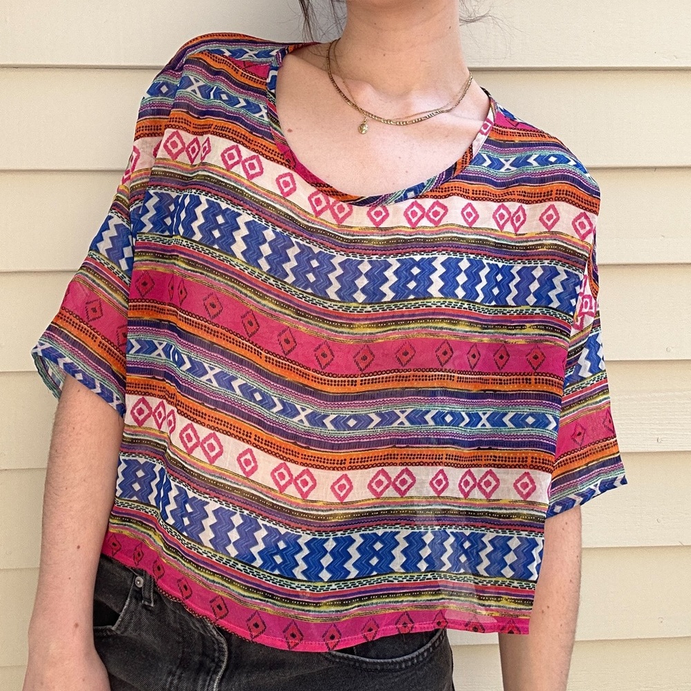 Cute sheer oversized striped short-sleeved pink, blue & orange blouse